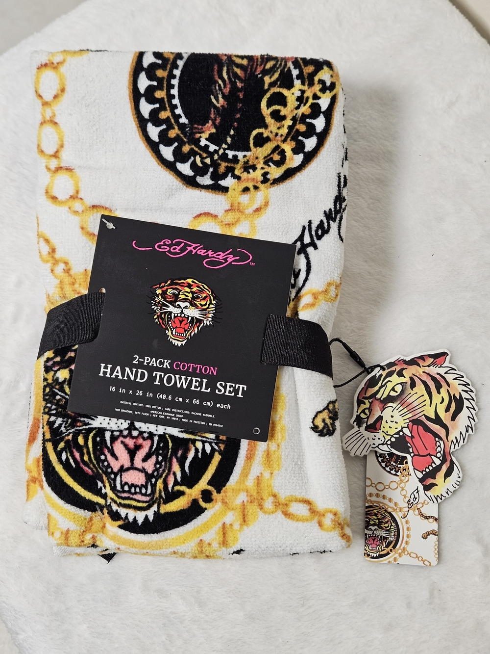 Ed Hardy 2 Pack Hand Towels Tiger Chain Tattoo Print Cotton 16x26 NWT